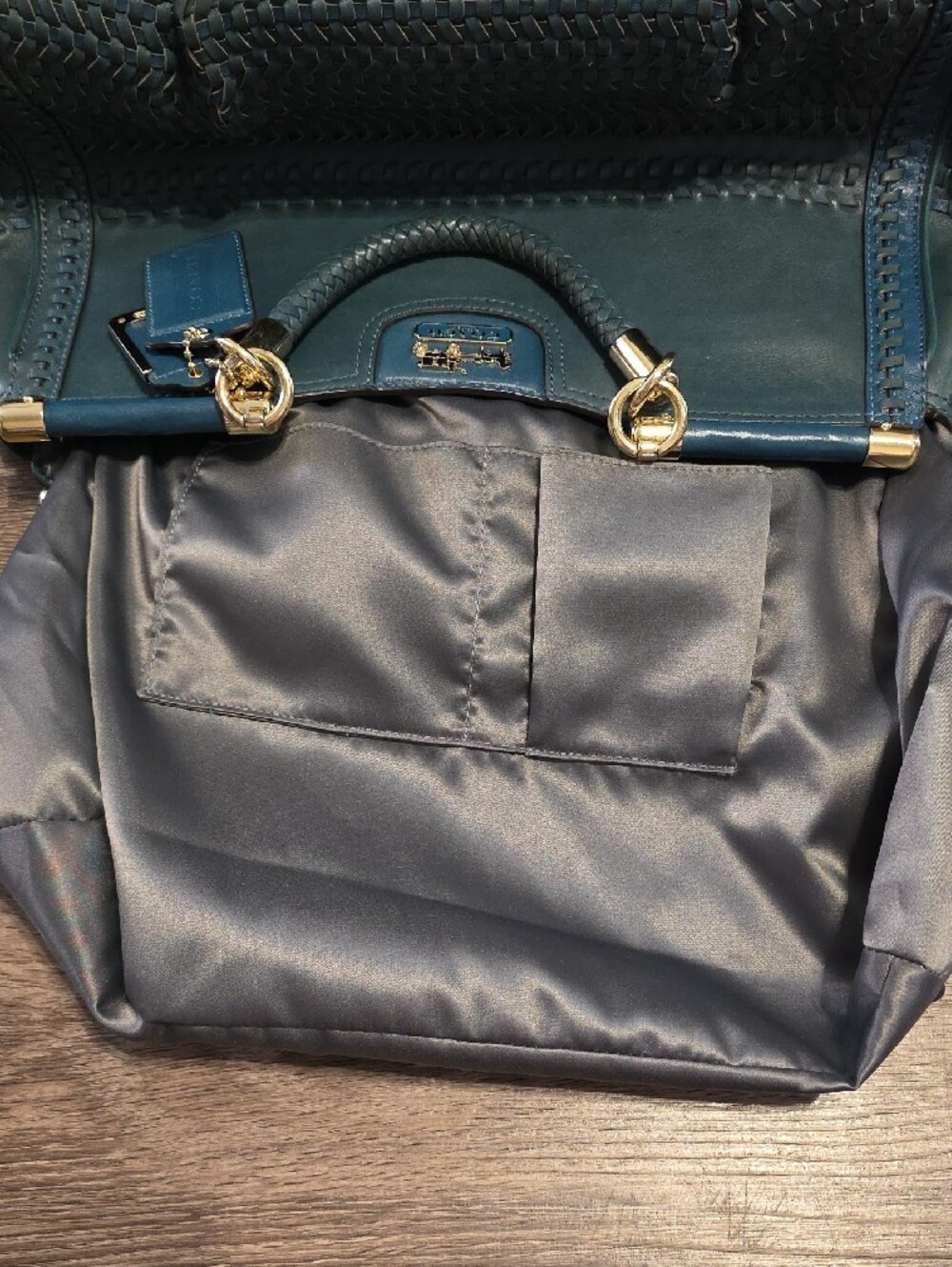 Coach Teal Woven Leather Tote with Gold Hardware - Picture 8 of 13
